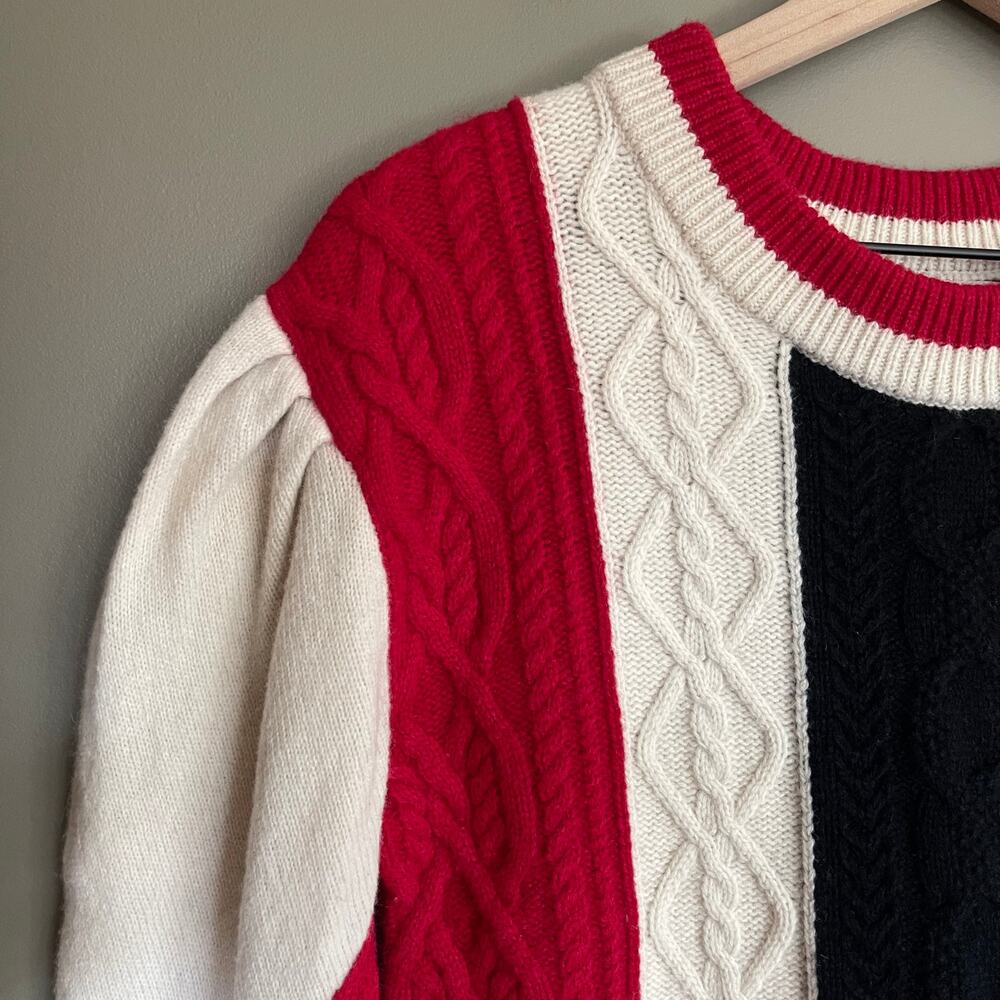 CLAUDIE PIERLOT Mixity Pullover Sweater Size Medium Red Black Cream Puff Sleeves - Picture 8 of 16